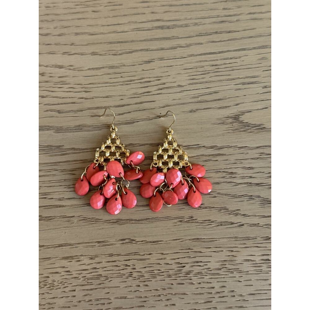 Vintage Coral Pink Beaded Chandelier Earrings Gold Tone Statement Dangle Boho